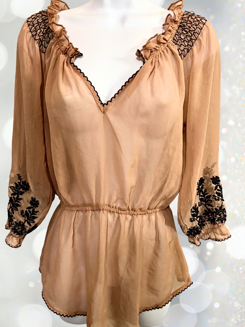 BOHO PEASANT BLOUSE Sheer Peplum Tan Chiffon Embroidered Floral Cottagecore SZ S